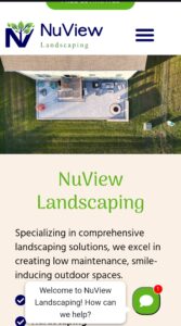 A mobile screenshot of NuView Landscaping's website, displaying an aerial view of a landscaped backyard patio with live chat support visible."