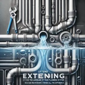 Promotional image showing clean, durable pipes with water flowing smoothly, a wrench symbolizing maintenance, and bold text reading 'Extend the Lifespan of Your Plumbing System.' Professional blue, silver, and white colors used for reliability and trust.