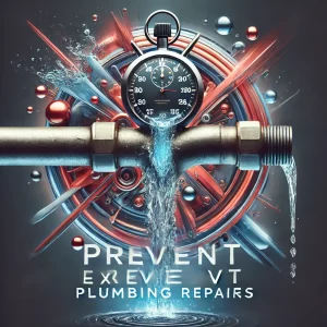 Close-up of water leaking from a damaged pipe with a dramatic splash effect. A stopwatch symbolizes the urgency of preventing expensive plumbing repairs, while bold red, blue, and metallic tones catch attention. Text overlay reads 'Prevent Expensive Plumbing Repairs' in a modern font.