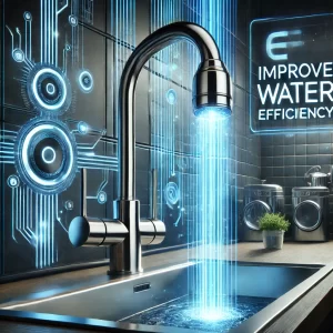 Image of a high-tech faucet with controlled water flow in a sleek, futuristic kitchen setting, promoting water efficiency with glowing lines symbolizing sustainability and cutting-edge technology. The phrase 'Improve Water Efficiency' is boldly displayed.