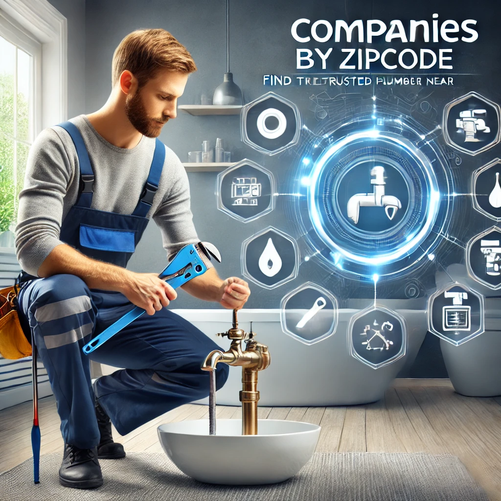 Promotional image for companiesbyzipcode.com featuring a plumber fixing a faucet in a modern home interior. Includes icons for pipe repair, leak detection, and water heater installation, with the tagline 'Find Trusted Plumbing Experts Near You.' Branded with companiesbyzipcode.com and designed in professional blue, white, and gray colors.