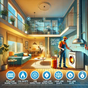 An image showing a plumber inspecting gas lines and a water heater in a modern home. Icons represent fire safety, leak detection, and gas line checks, with a tagline 'Routine Plumbing Inspections Keep Your Home Safe' in reassuring green, blue, and white colors.