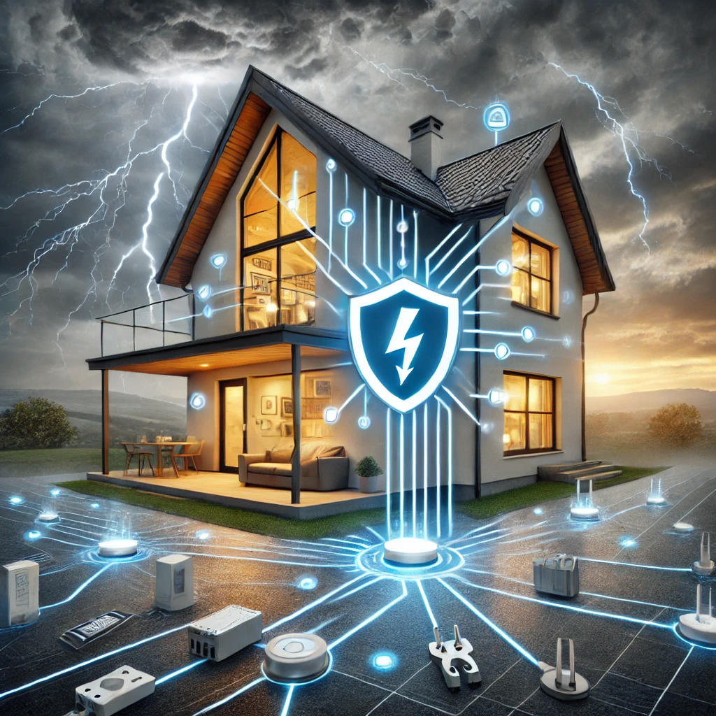 "A modern house with whole-home surge protection symbol, storm clouds, and lightning in the background."

