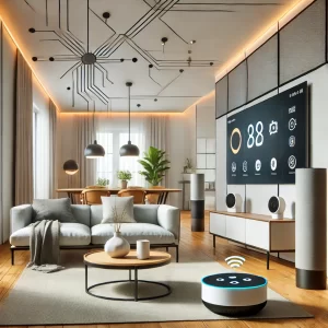 Smart home living room featuring modern furniture and voice-activated devices.