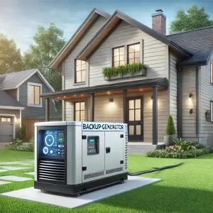 A modern suburban home with a backup generator installed outside on a sunny afternoon