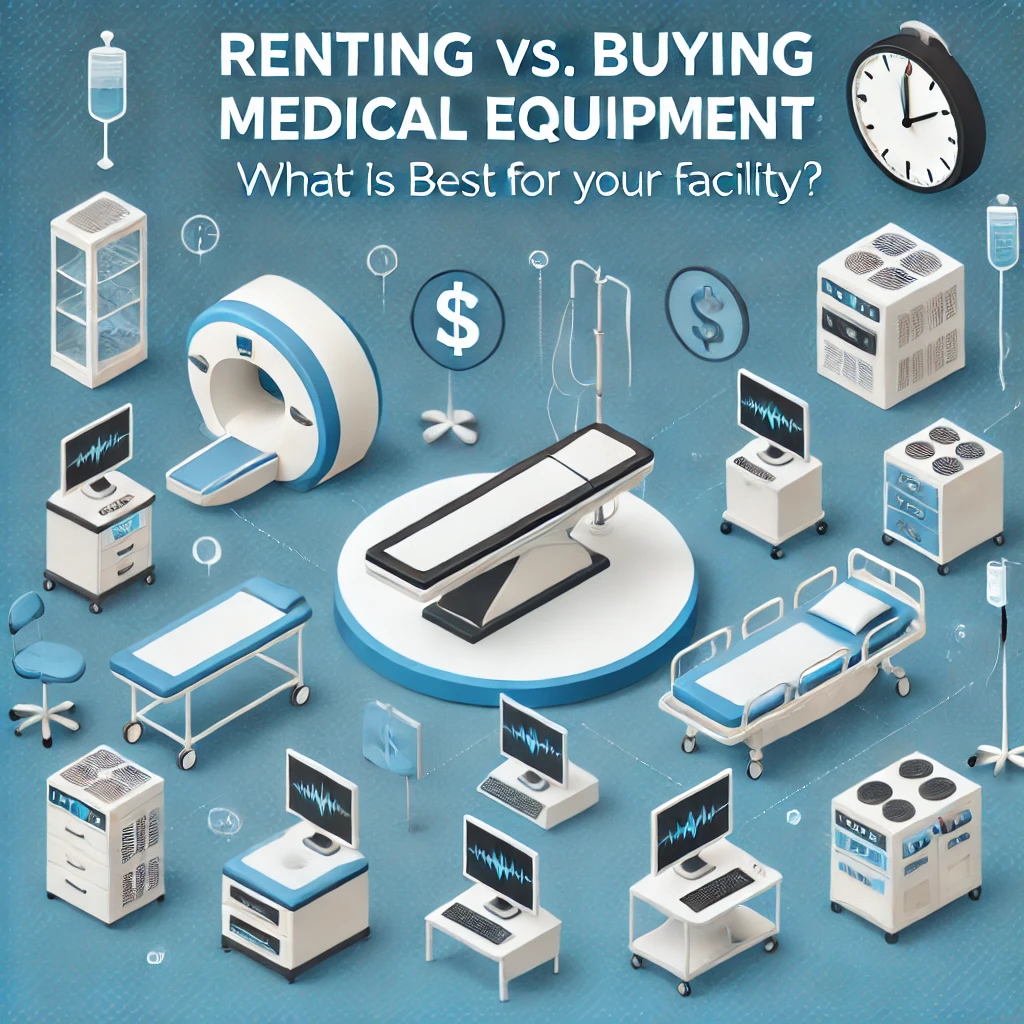 Overview image for a blog article comparing renting vs. buying medical equipment, featuring medical devices like MRI machines, hospital beds, and icons representing cost and time flexibility.