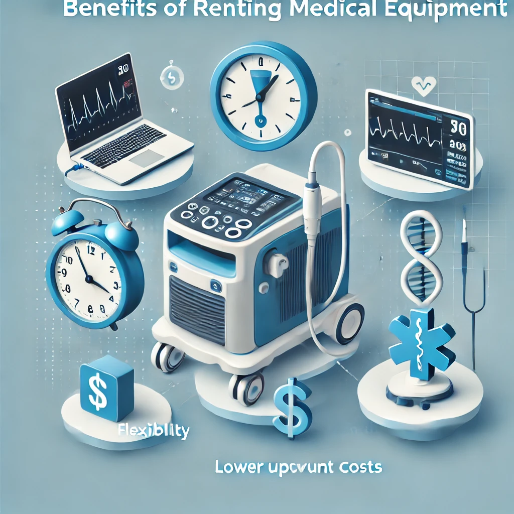 Image illustrating the benefits of renting medical equipment, featuring devices like portable ultrasound machines and patient monitors, with icons representing flexibility, lower upfront costs, and access to the latest technology.