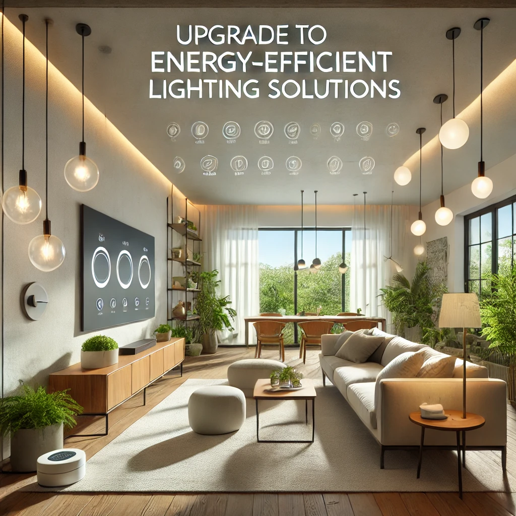 "Modern living room with LED lighting fixtures and sustainable decor, highlighting energy-efficient lighting solutions."

