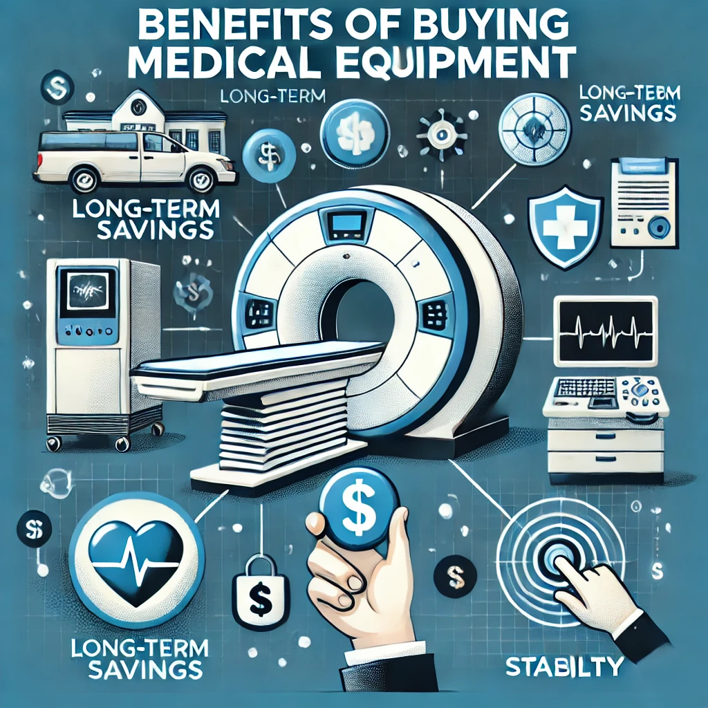 Image highlighting the benefits of buying medical equipment, featuring medical devices like MRI machines and ultrasound equipment, with icons representing long-term savings, ownership, and stability.