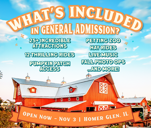 List of activities included in general admission at Bengtson’s Pumpkin Farm, with a bright red barn in the background.