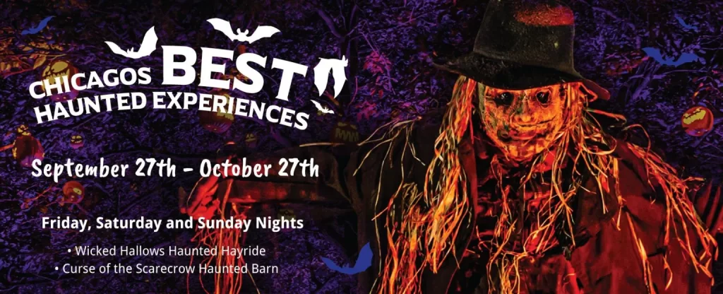 Sonny Acres Farm's promotional banner for Chicago’s Best Haunted Experiences, featuring a scarecrow with glowing eyes and Halloween decorations.