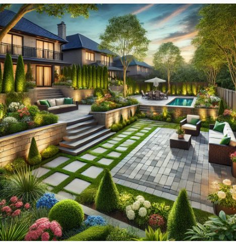 A beautifully landscaped backyard designed by NuView Landscaping, featuring a custom paver patio with outdoor furniture, lush greenery, a retaining wall, modern outdoor lighting, blooming flowers, and a small water feature.