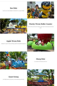 Collage of kids enjoying fun rides at Sonny Acres Farm, including the Bee Ride, Wacky Worm Roller Coaster, Apple Worm Ride, Sheep Ride, and Giant Swing.