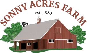 Logo of Sonny Acres Farm featuring a red barn with trees and the farm’s established date of 1883.