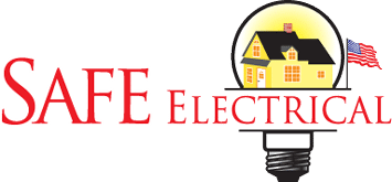 Safe Electrical Service logo featuring a house inside a light bulb with an American flag.