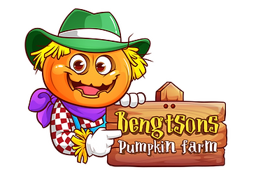 Animated pumpkin character with a hat pointing to a wooden sign that says "Bengtson’s Pumpkin Farm."