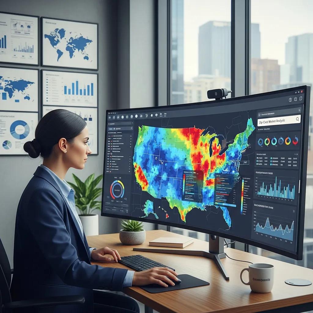 Business analyst using GIS tools to visualize zip code market data in a modern office