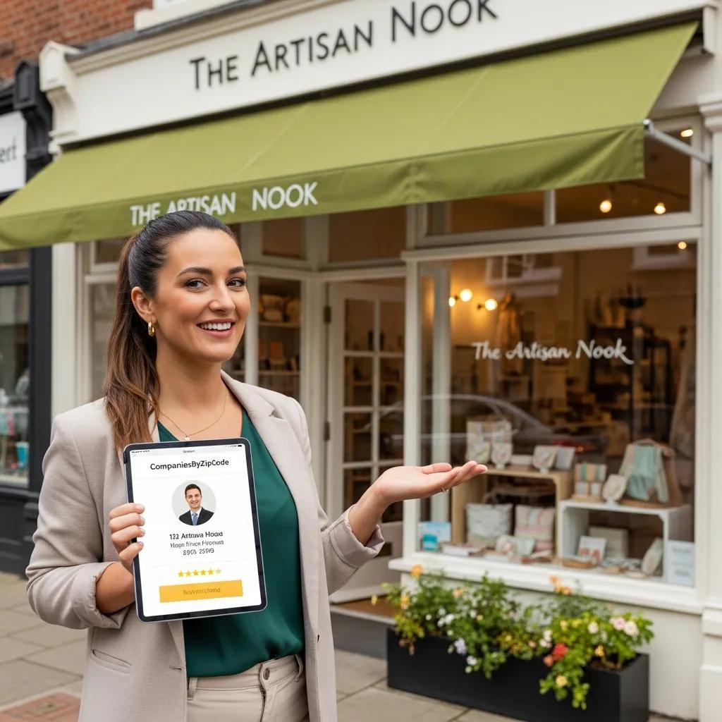 Business owner showcasing their profile on CompaniesByZipCode in front of their shop