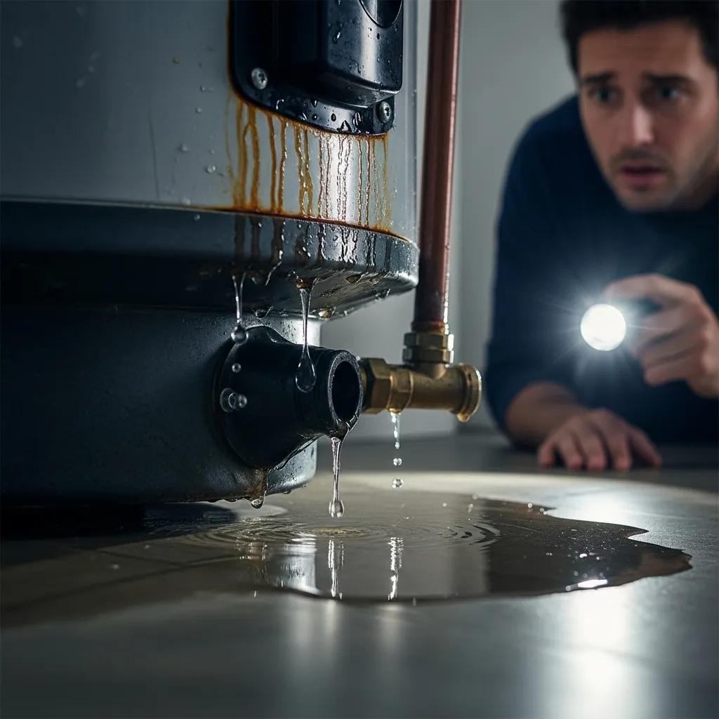 Close-up of a leaking water heater with water pooling, illustrating the urgency of addressing leaks in home maintenance