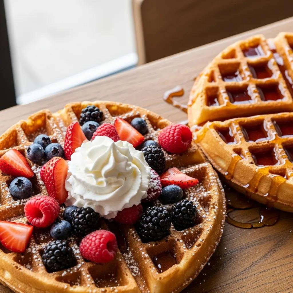Close-up of Berry Blast and Classic Buttermilk waffles showcasing freshness and quality