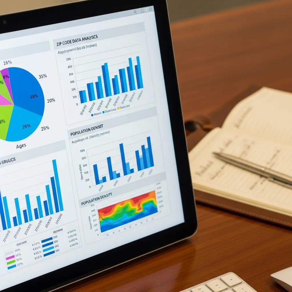 Close-up of demographic charts related to zip code data analysis in a professional workspace
