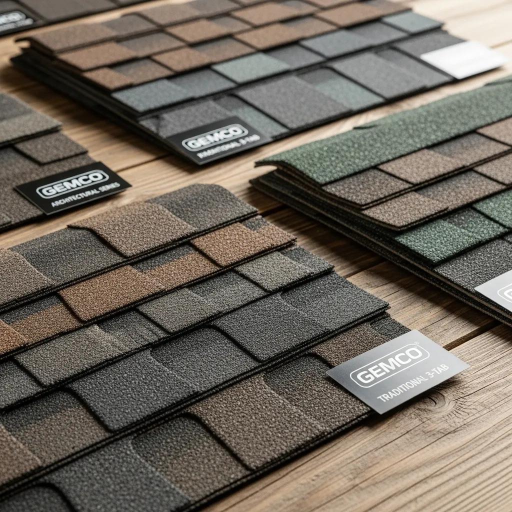 Close-up of Gemco residential roofing materials including architectural and 3-tab shingles
