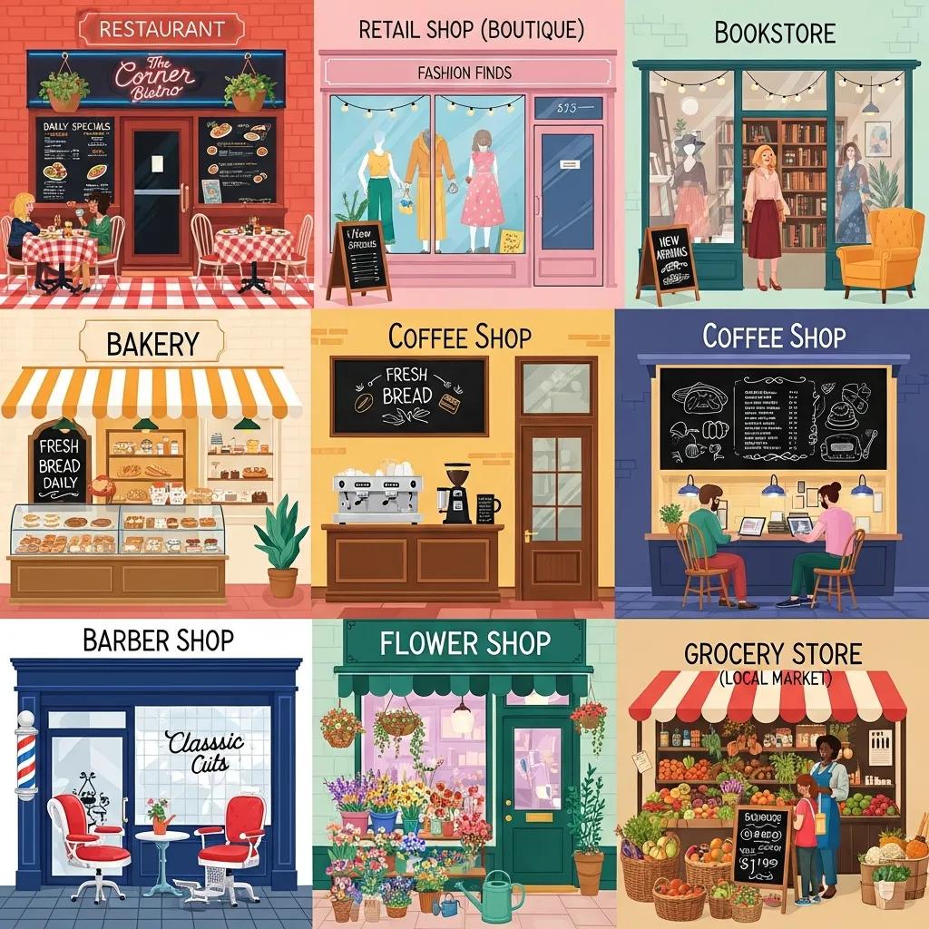 Collage of local business categories including restaurants, retail shops, and service providers