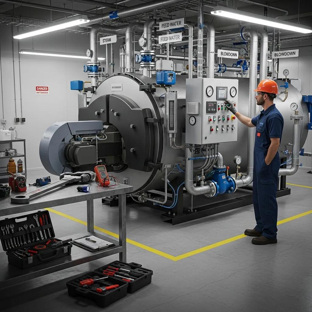 Commercial boiler maintenance in an industrial setting with a technician inspecting equipment