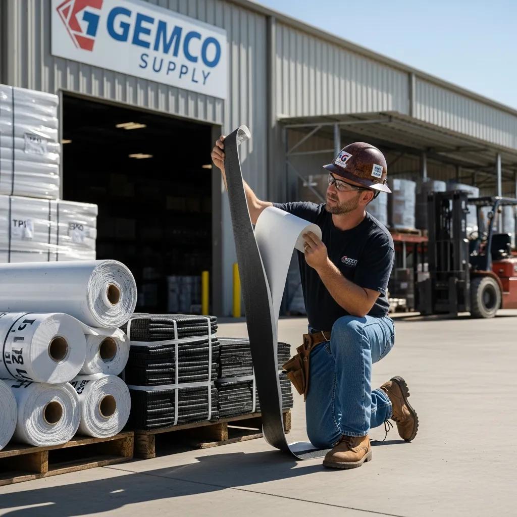 Contractor inspecting commercial roofing materials at Gemco supply location