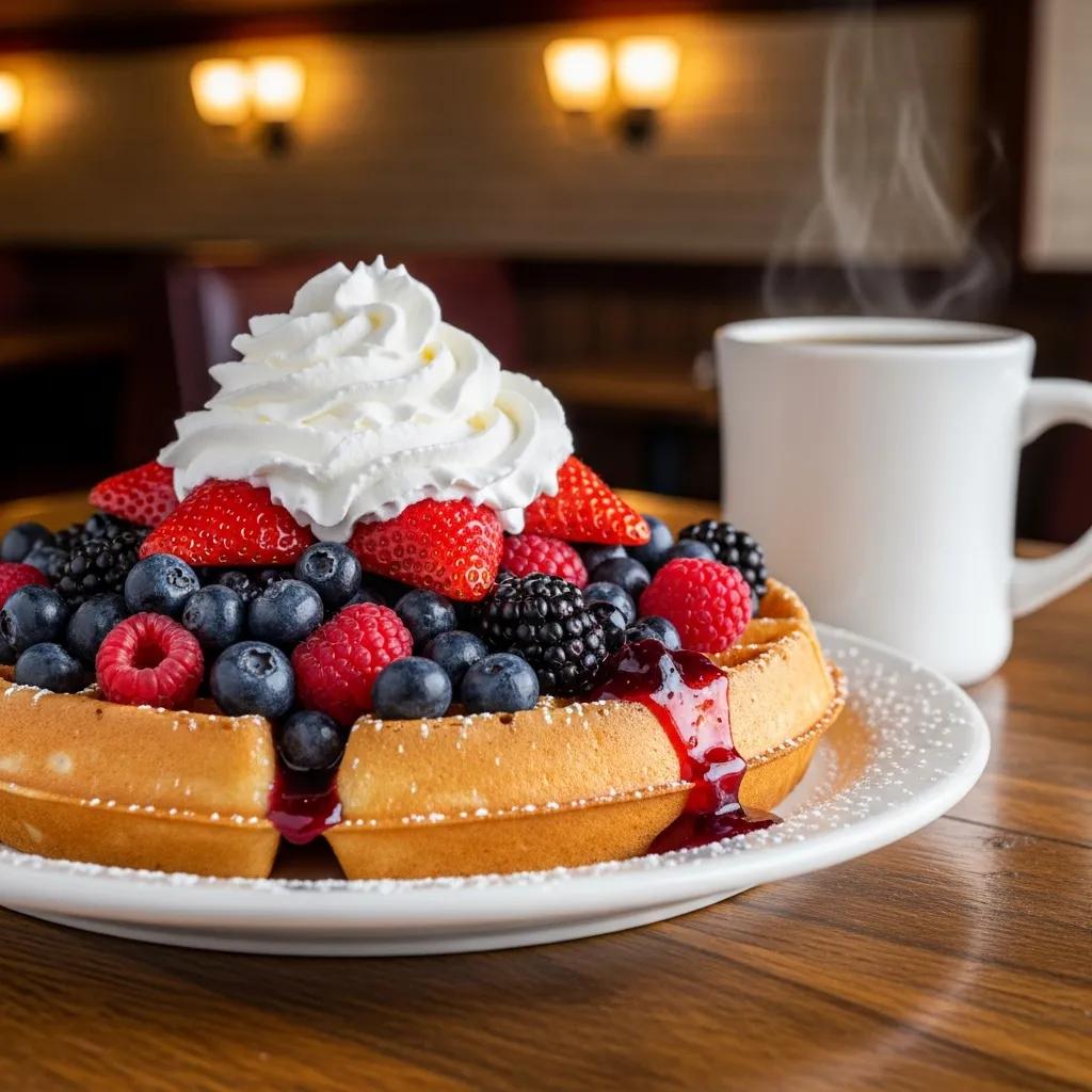 Delicious Berry Blast waffle with fresh berries and whipped cream at Kingsberry Waffle House