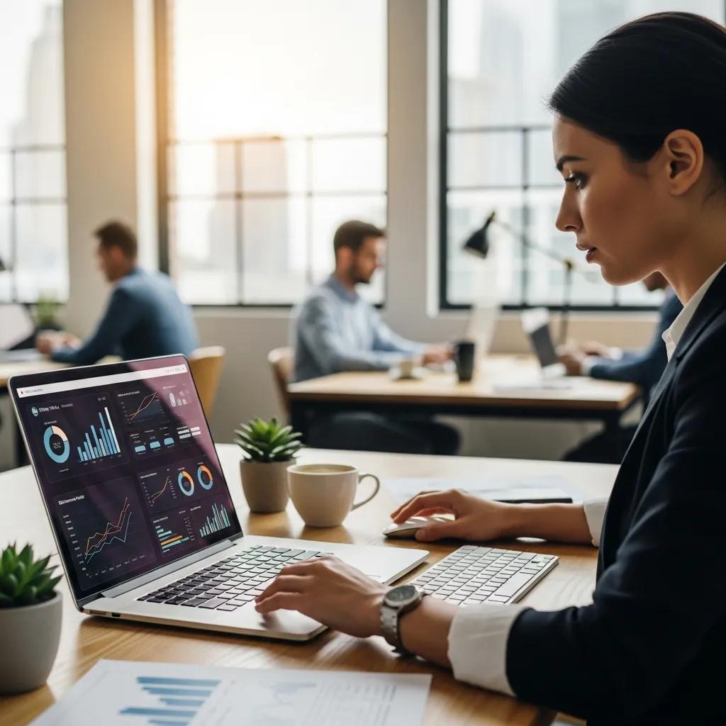 Digital marketing expert analyzing SEO data on a laptop in a modern workspace