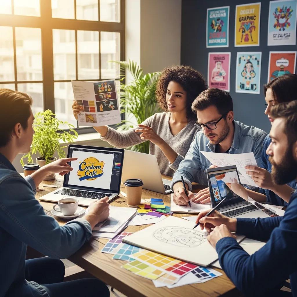Diverse graphic designers collaborating in a modern workspace, emphasizing local branding services