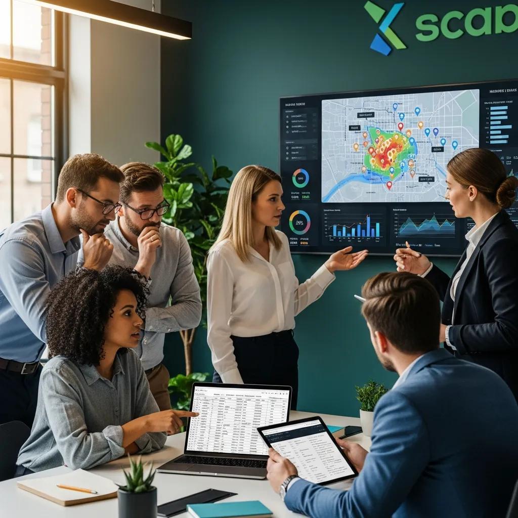 Diverse professionals collaborating on business data analysis for targeted lead generation