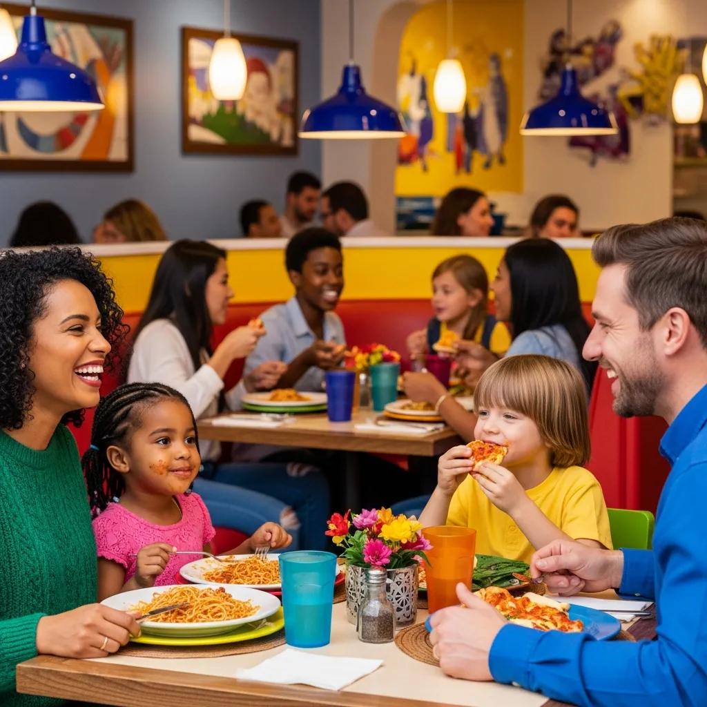 Family enjoying a meal in a vibrant family-friendly restaurant, highlighting the joy of dining together