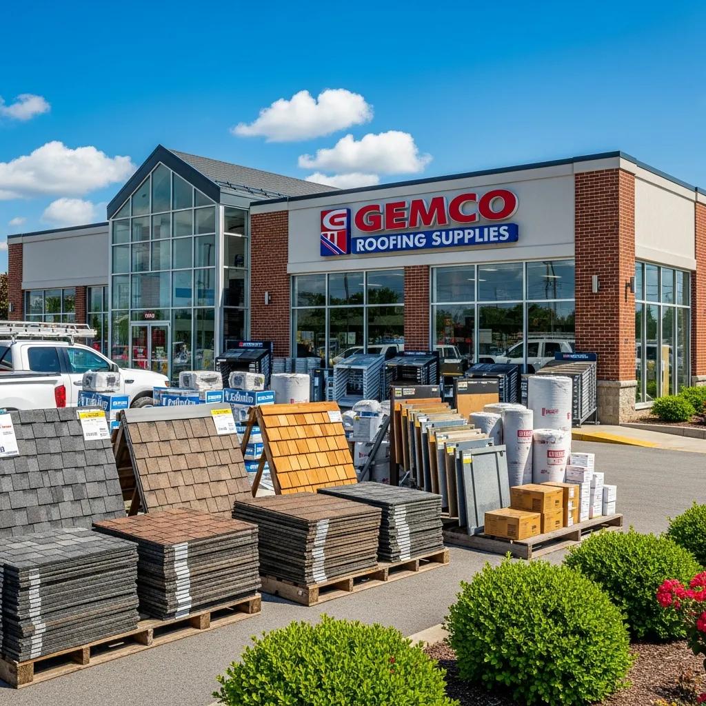 Gemco roofing supply store exterior with roofing materials displayed