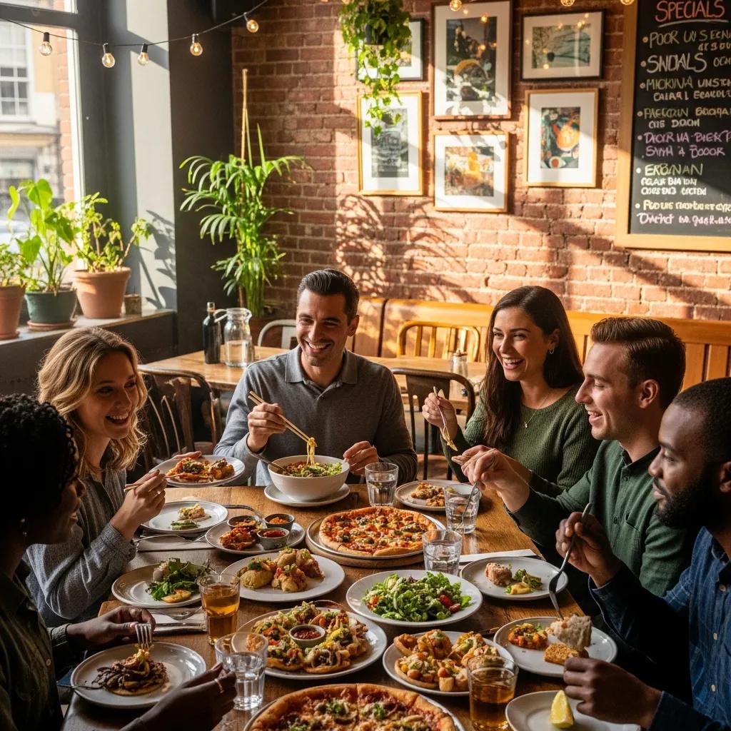 Group of friends enjoying diverse cuisines at a local restaurant, highlighting the joy of dining out