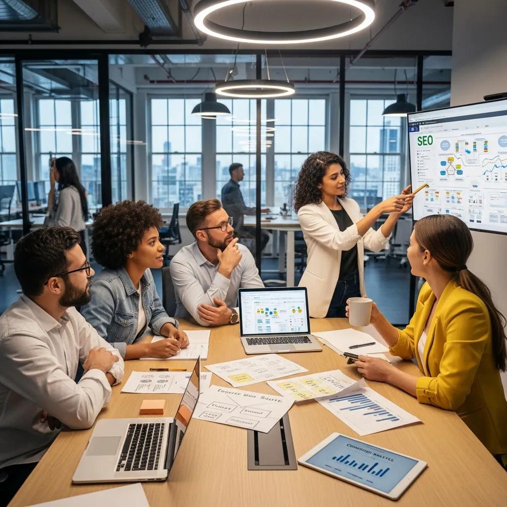 Group of professionals collaborating on SEO strategies in a modern office