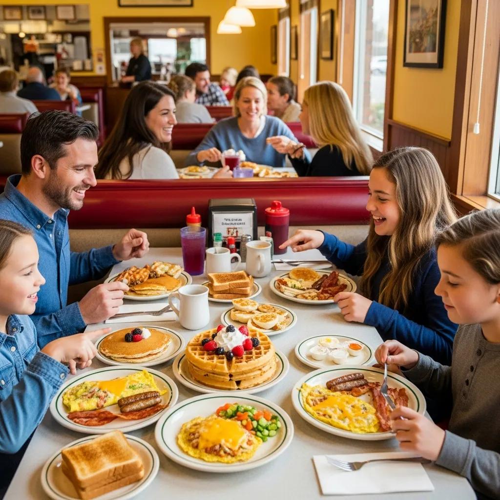 Happy customers enjoying a variety of dishes at Kingsberry Waffle House