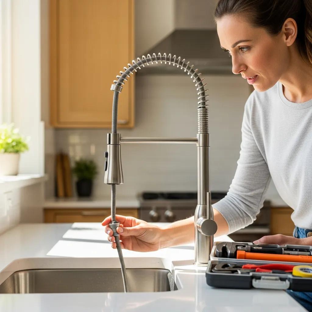 Homeowner inspecting a modern kitchen faucet, highlighting plumbing fixture maintenance