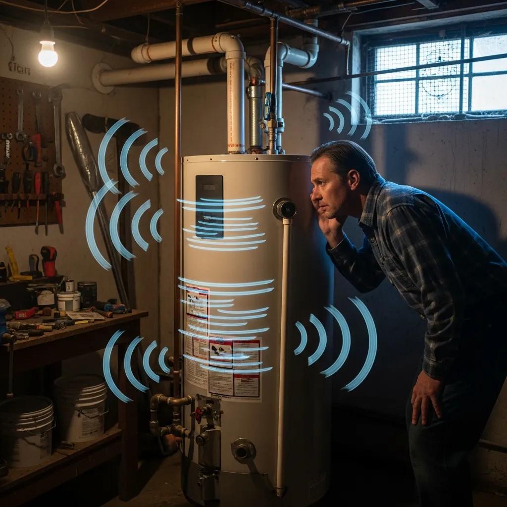 Homeowner listening to a noisy water heater, emphasizing the importance of identifying strange sounds as a warning sign