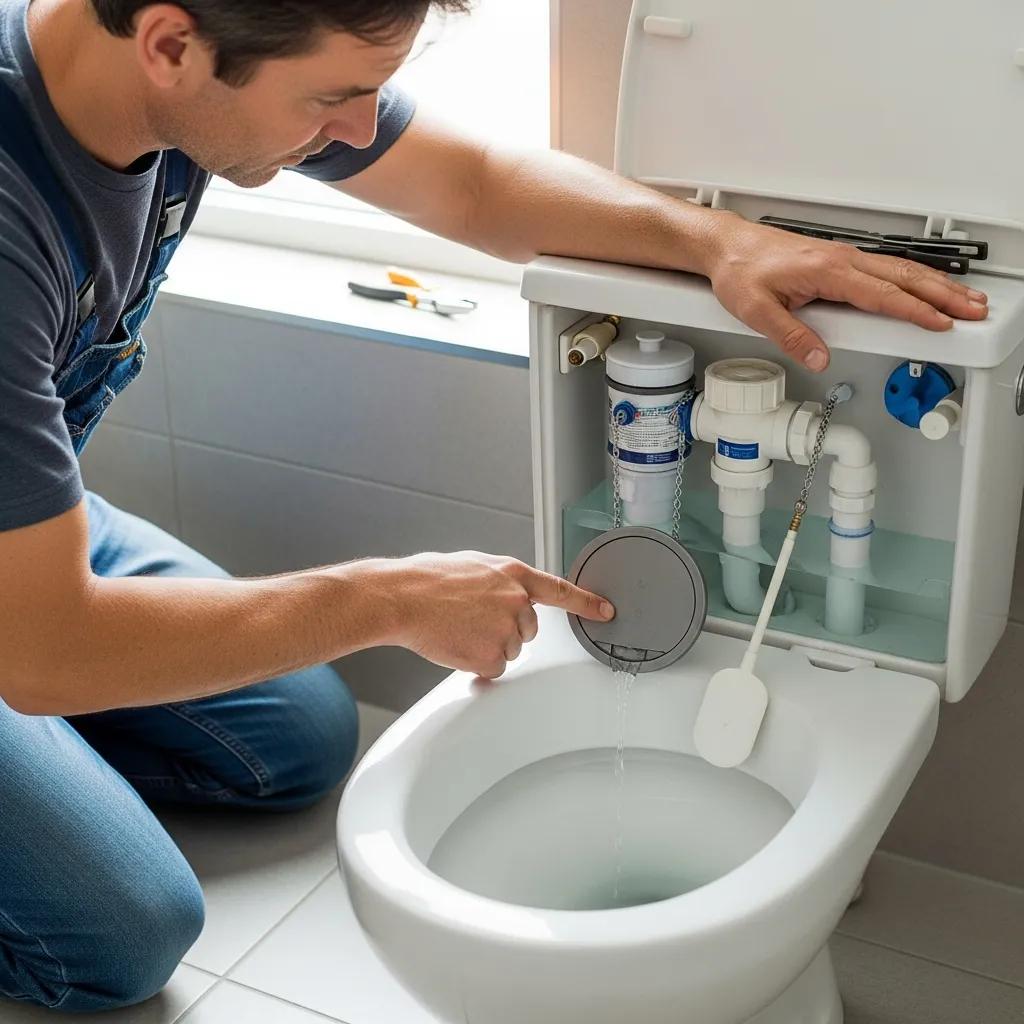 Homeowner troubleshooting a running toilet, focusing on flapper and fill valve