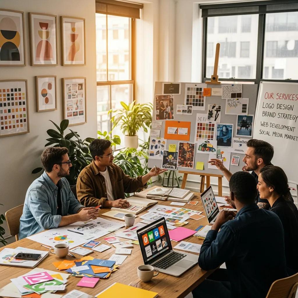Local branding agency team discussing branding strategies with mood boards and design sketches