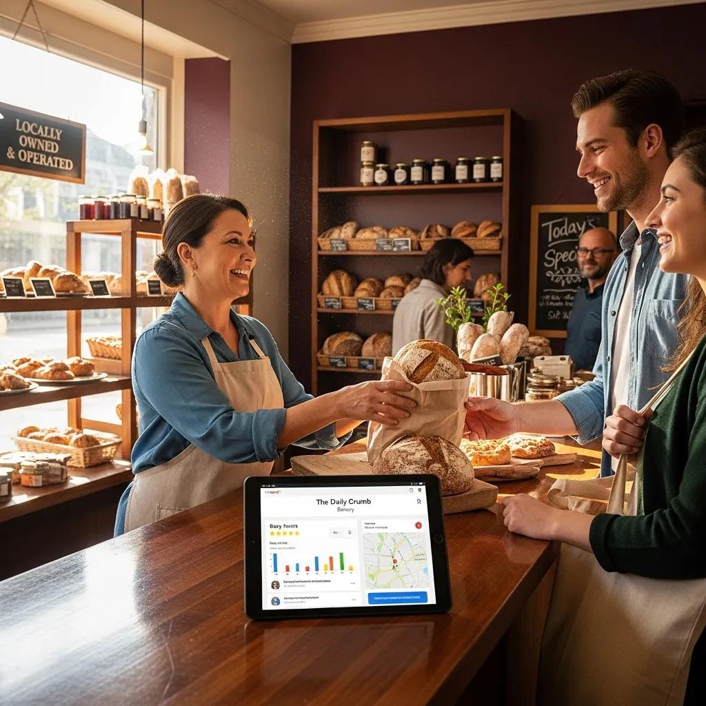 Local business owner engaging with customers while showcasing Google Business Profile