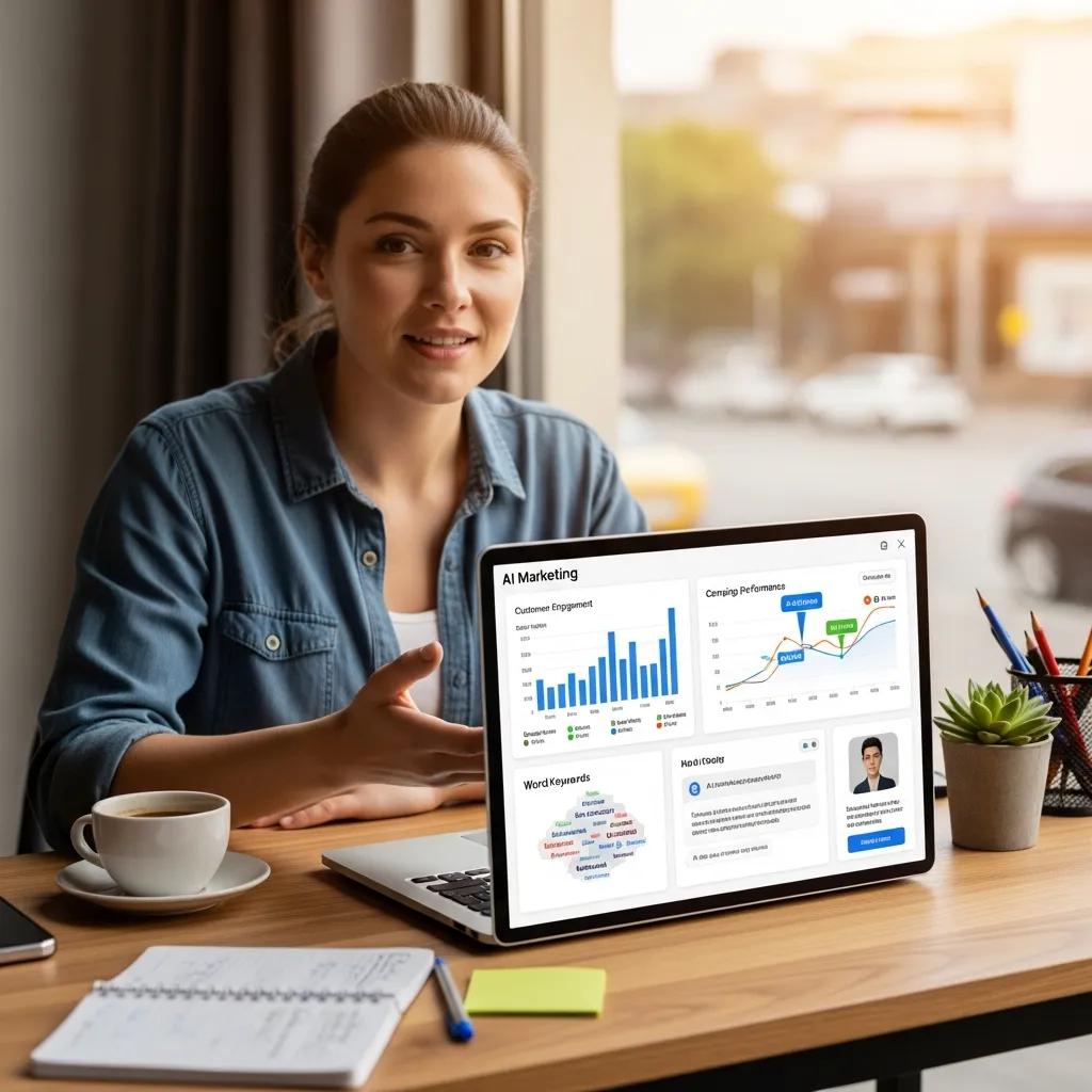 Local business owner using AI marketing tools in a modern workspace