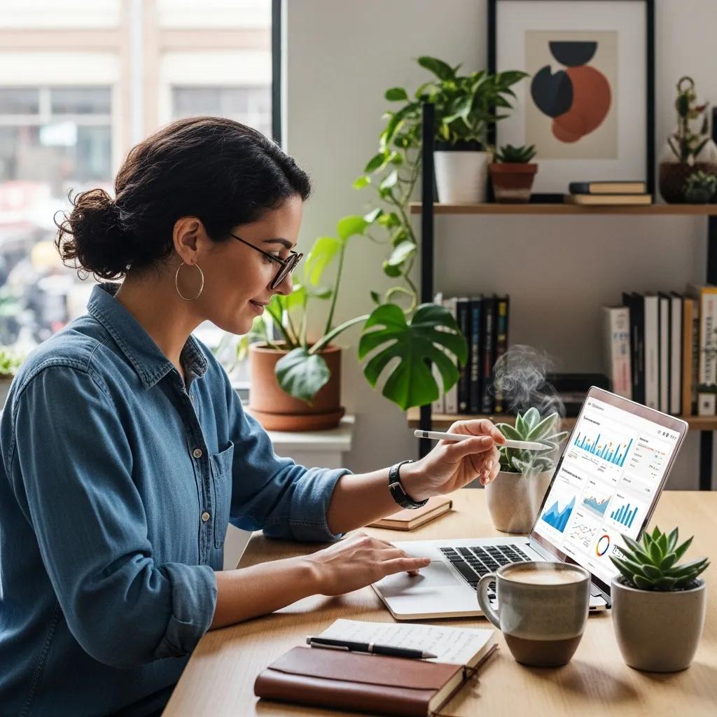 Local business owner utilizing AI tools for website optimization in a modern workspace