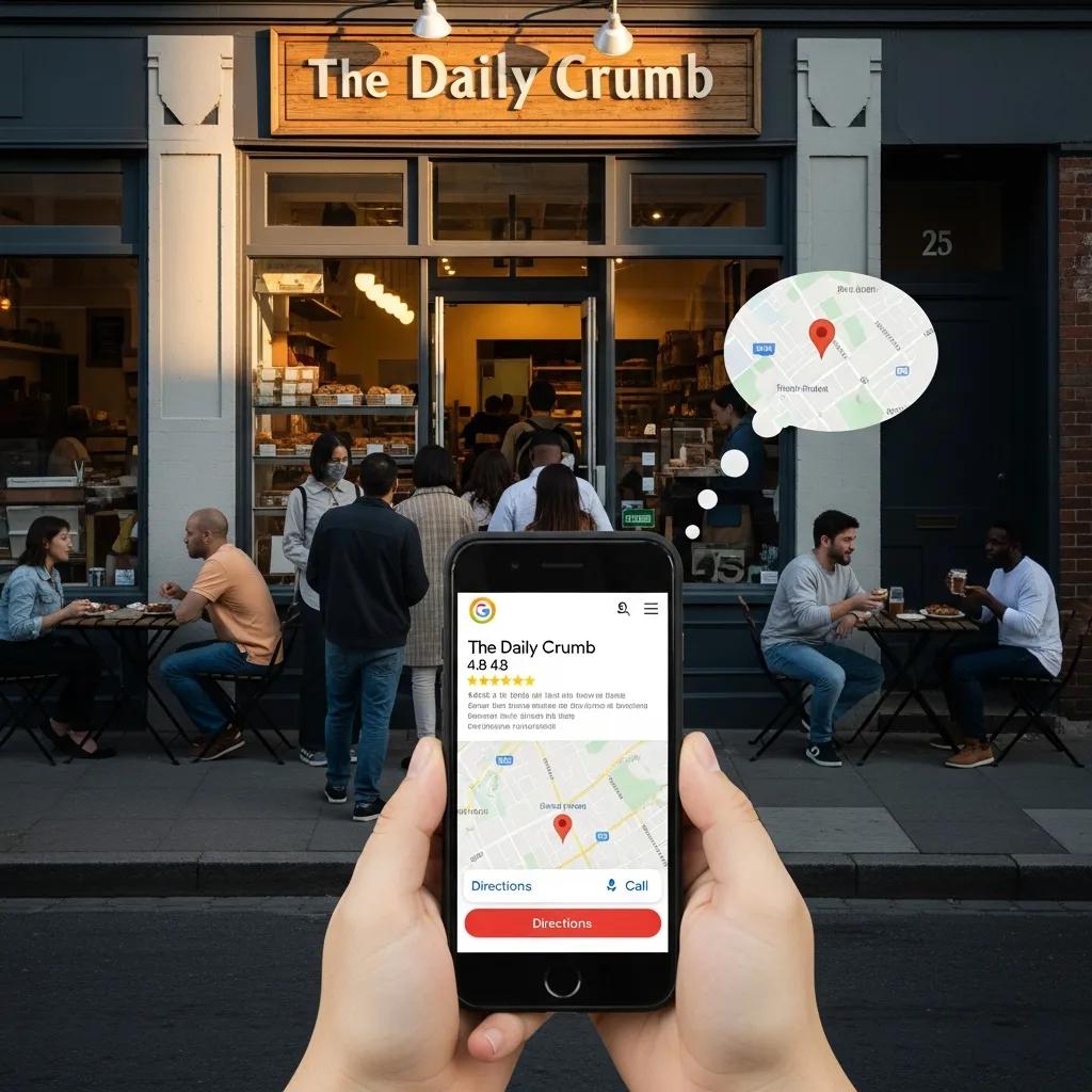 Local business storefront with digital Google Business Profile overlay on smartphone
