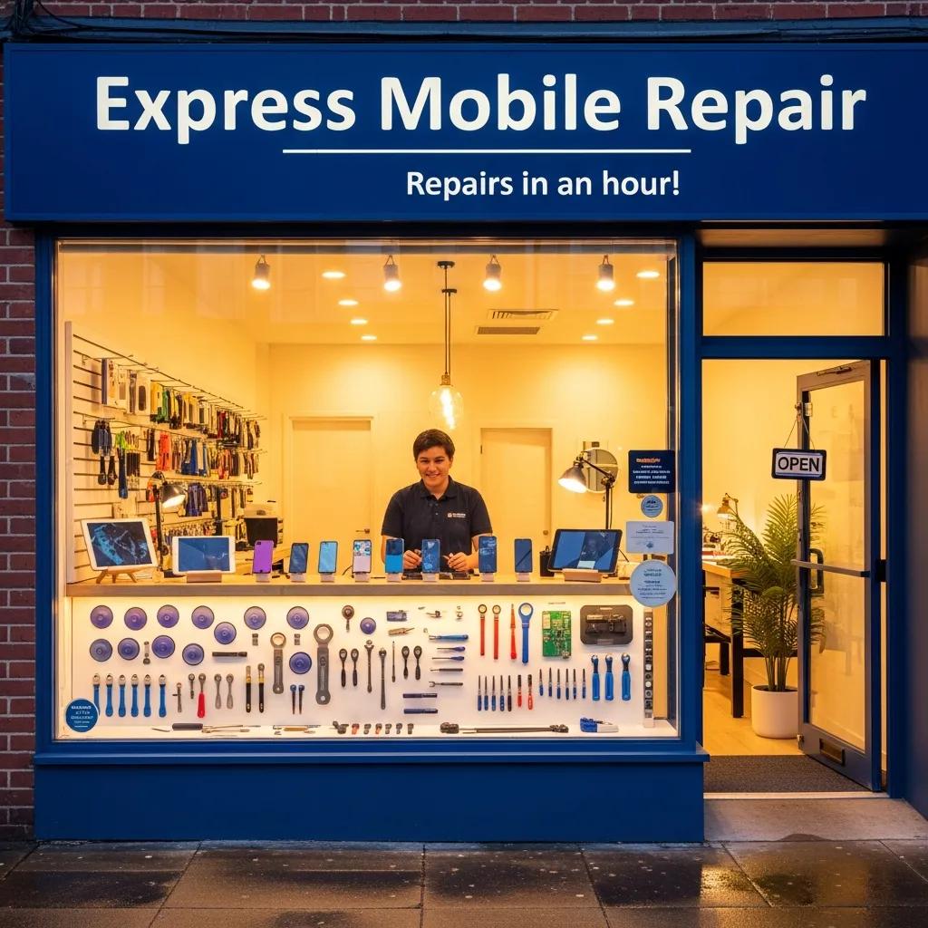 Local mobile repair shop storefront showcasing express repair services, inviting atmosphere