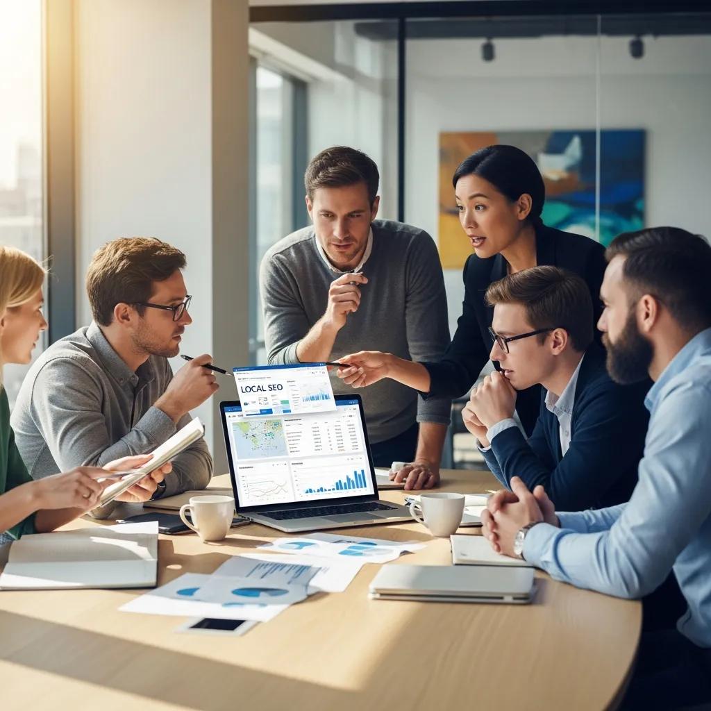 Marketing team collaborating on local SEO strategies using AI tools
