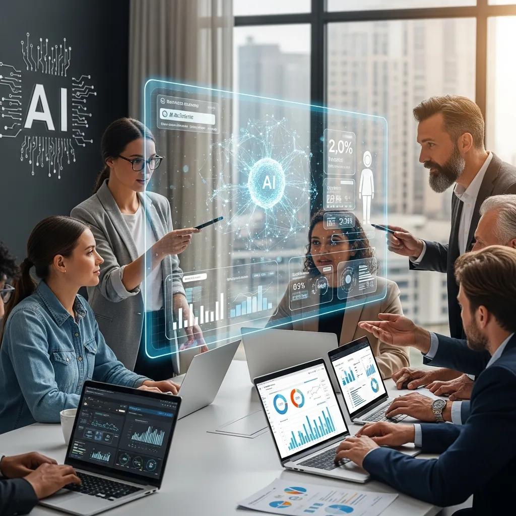 Marketing team collaborating with AI technology to reduce costs
