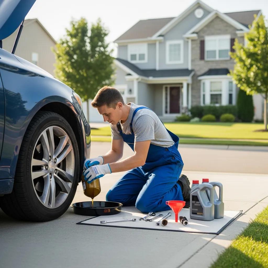 Mobile mechanic conducting an oil change at a customer's home